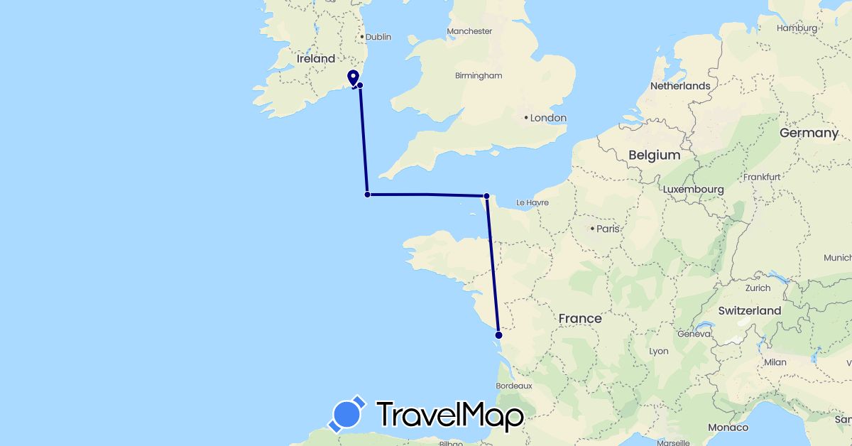 TravelMap itinerary: driving in France, Ireland (Europe)